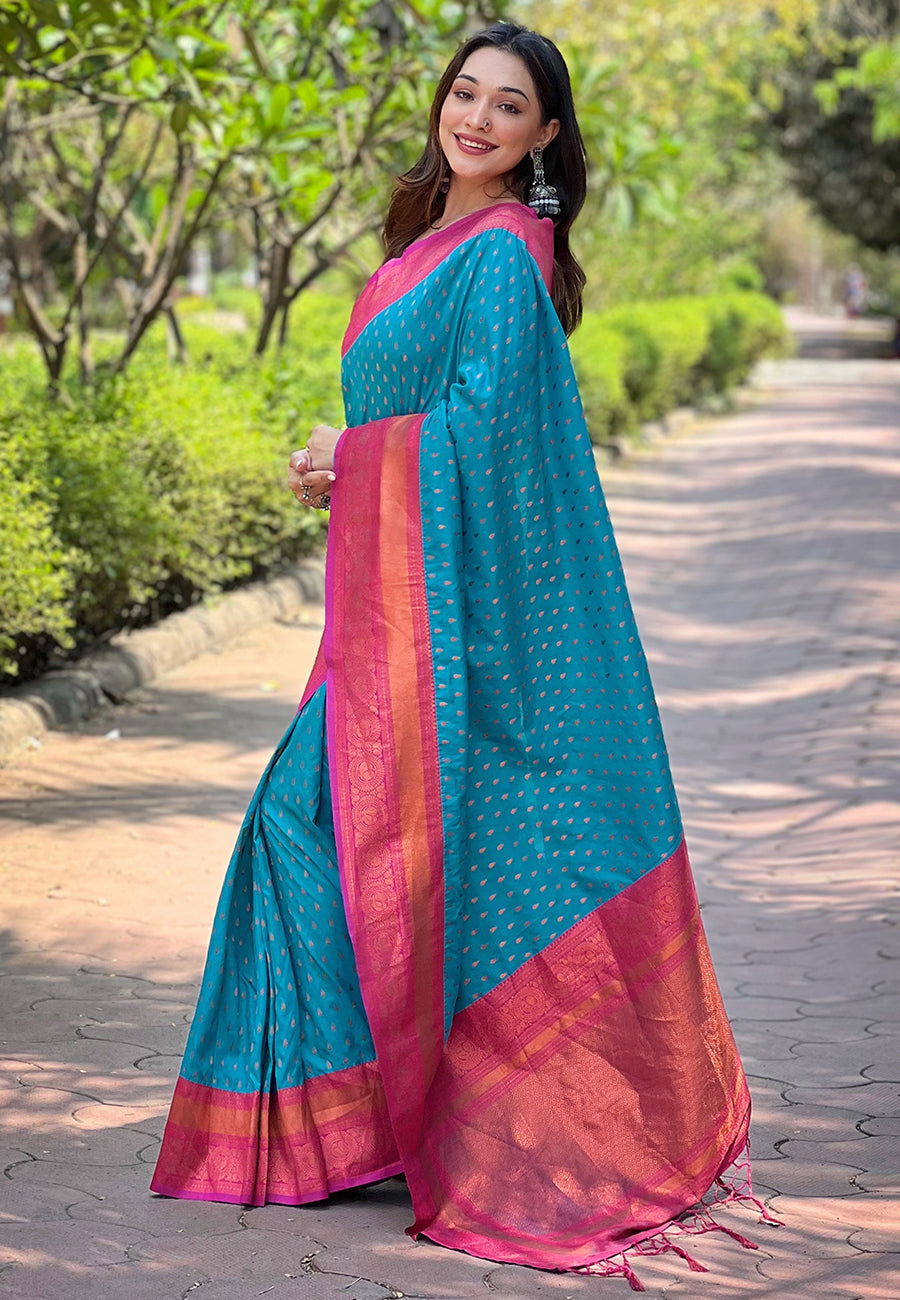 Blue Contrast 1000 Butti Zari Woven Paithani Silk Saree