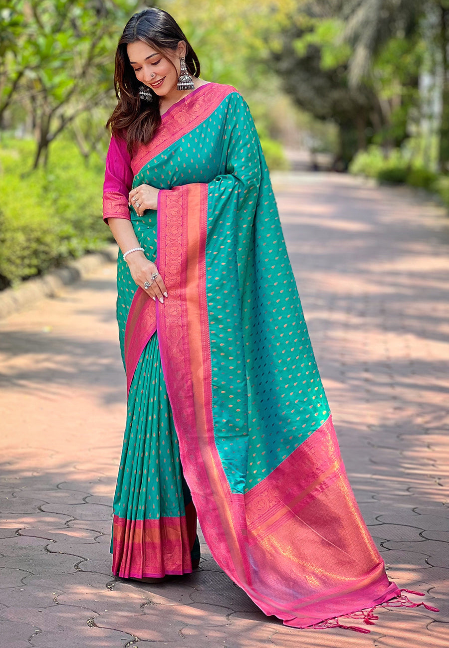Green Contrast 1000 Butti Zari Woven Paithani Silk Saree
