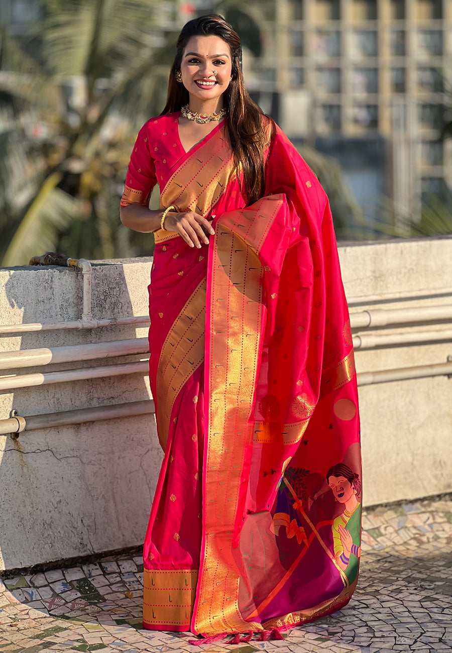 Pink Zari Woven Gudi Padwa Special Paithani Silk Saree