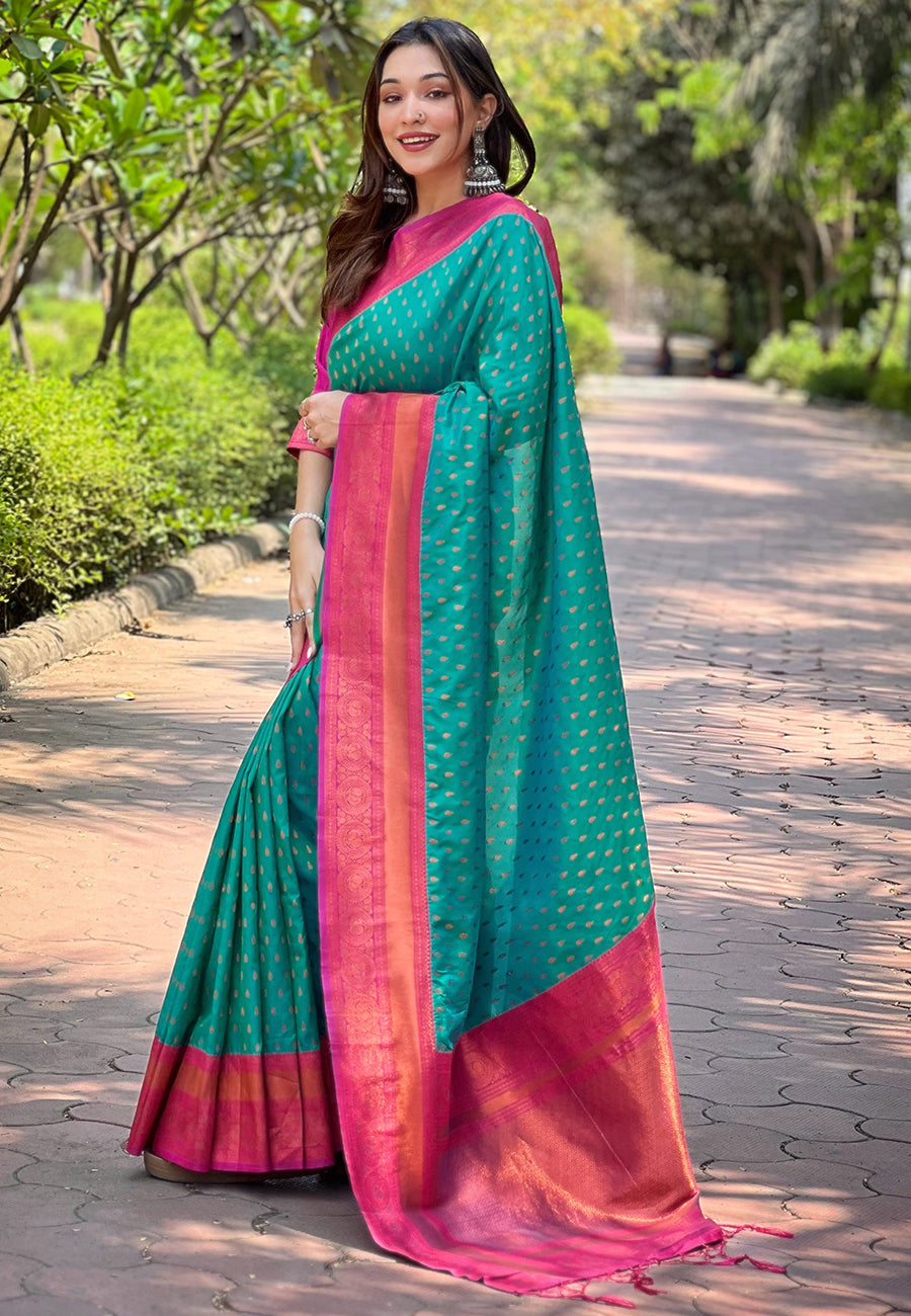 Green Contrast 1000 Butti Zari Woven Paithani Silk Saree