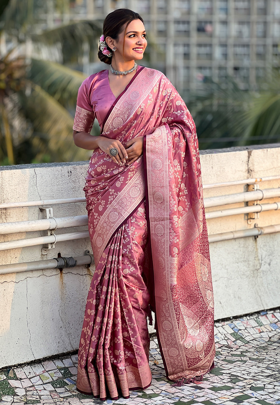 Pink Banarasi Jaal Satin Silk Pink Zari Woven Saree