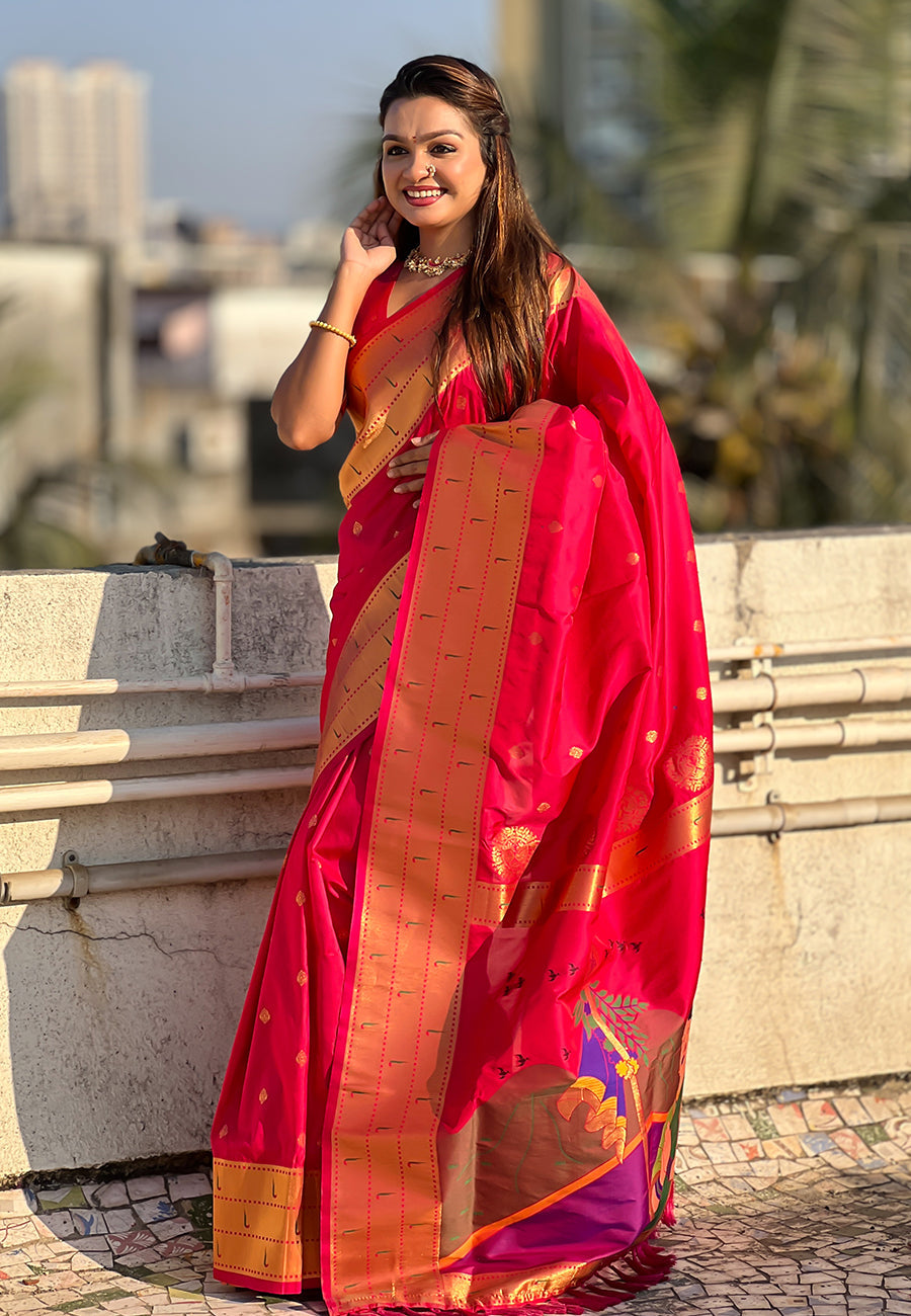 Pink Zari Woven Gudi Padwa Special Paithani Silk Saree