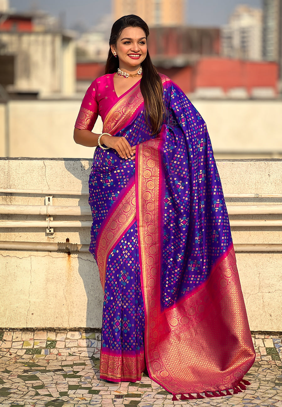 Violet Soft Silk Zari Woven Premium Patola Saree with Contrast Weaves