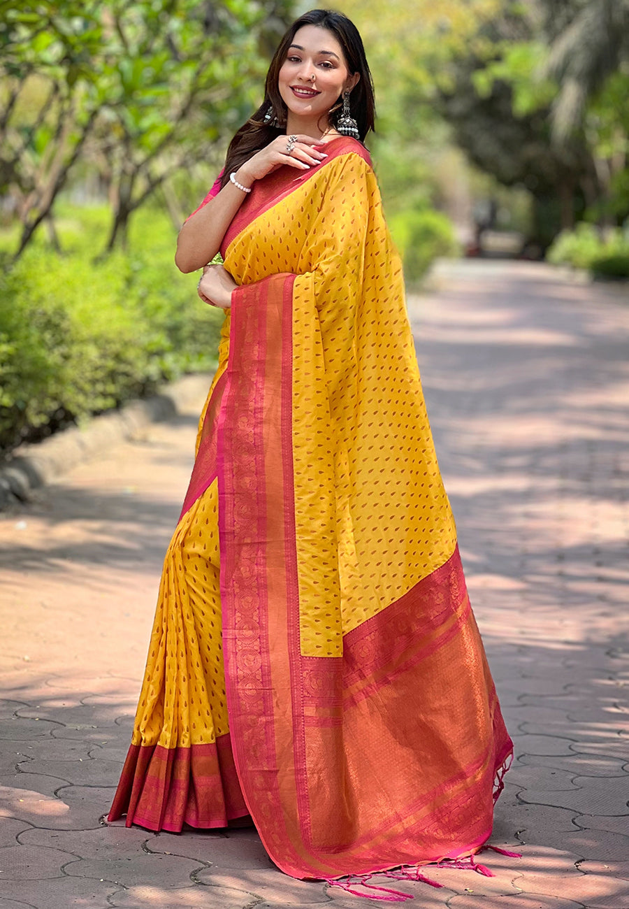 Yellow Contrast 1000 Butti Zari Woven Paithani Silk Saree