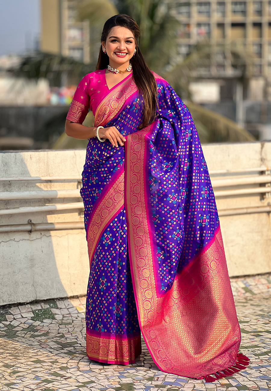 Violet Soft Silk Zari Woven Premium Patola Saree with Contrast Weaves