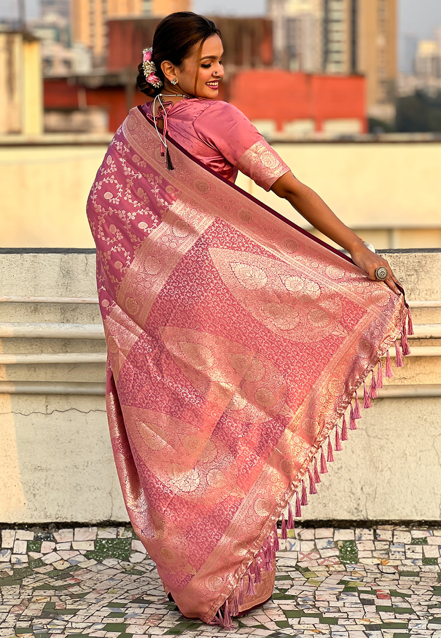 Pink Banarasi Jaal Satin Silk Pink Zari Woven Saree