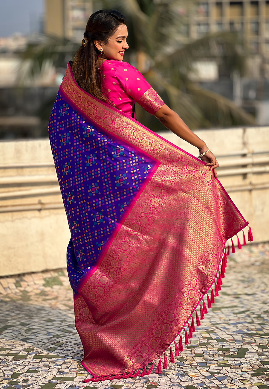 Violet Soft Silk Zari Woven Premium Patola Saree with Contrast Weaves