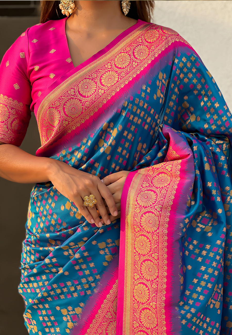 Blue Soft Silk Zari Woven Premium Patola Saree with Contrast Weaves