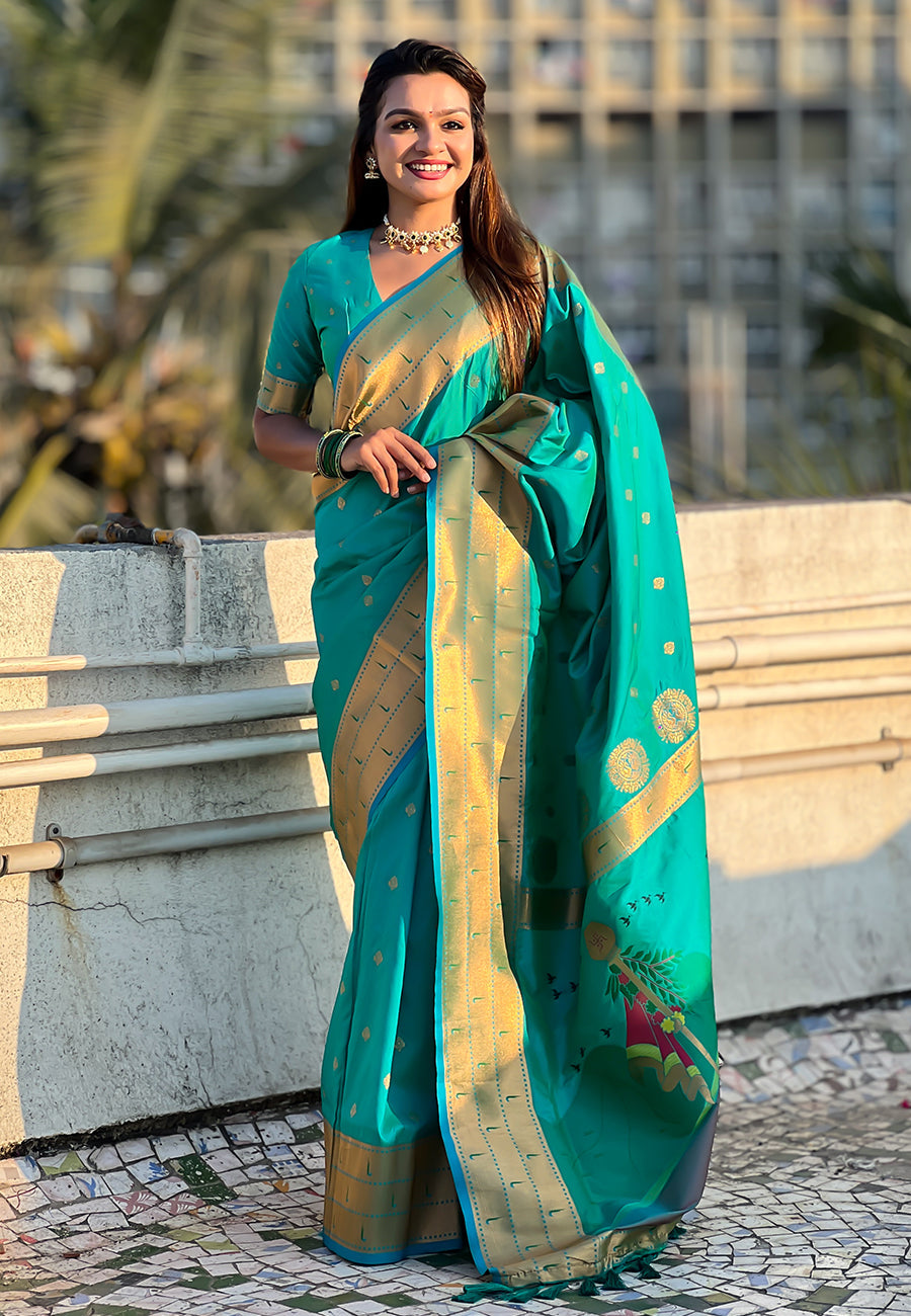 Sea Green Zari Woven Gudi Padwa Special Paithani Silk Saree