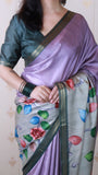 Lavender Soft Tussar Silk Kalamkari Unique Printed Zari Woven Saree
