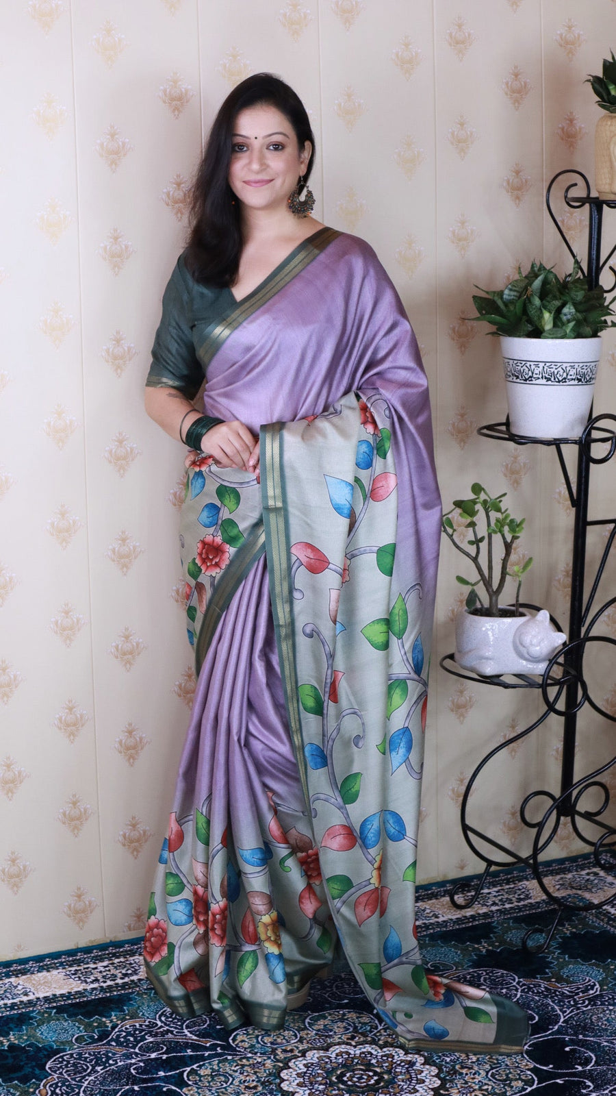 Lavender Soft Tussar Silk Kalamkari Unique Printed Zari Woven Saree