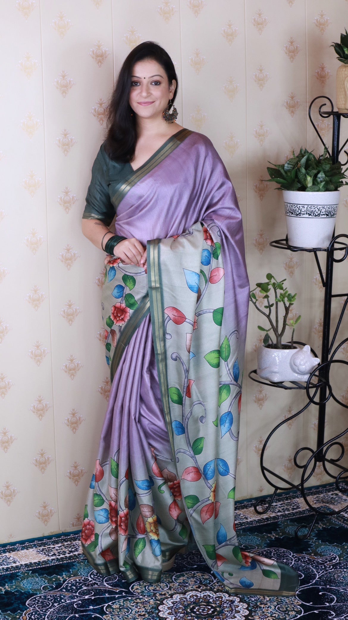 Lavender Soft Tussar Silk Kalamkari Unique Printed Zari Woven Saree