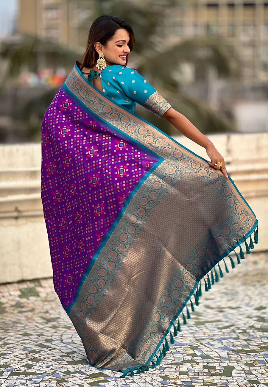 Purple Soft Silk Zari Woven Premium Patola Saree with Contrast Weaves