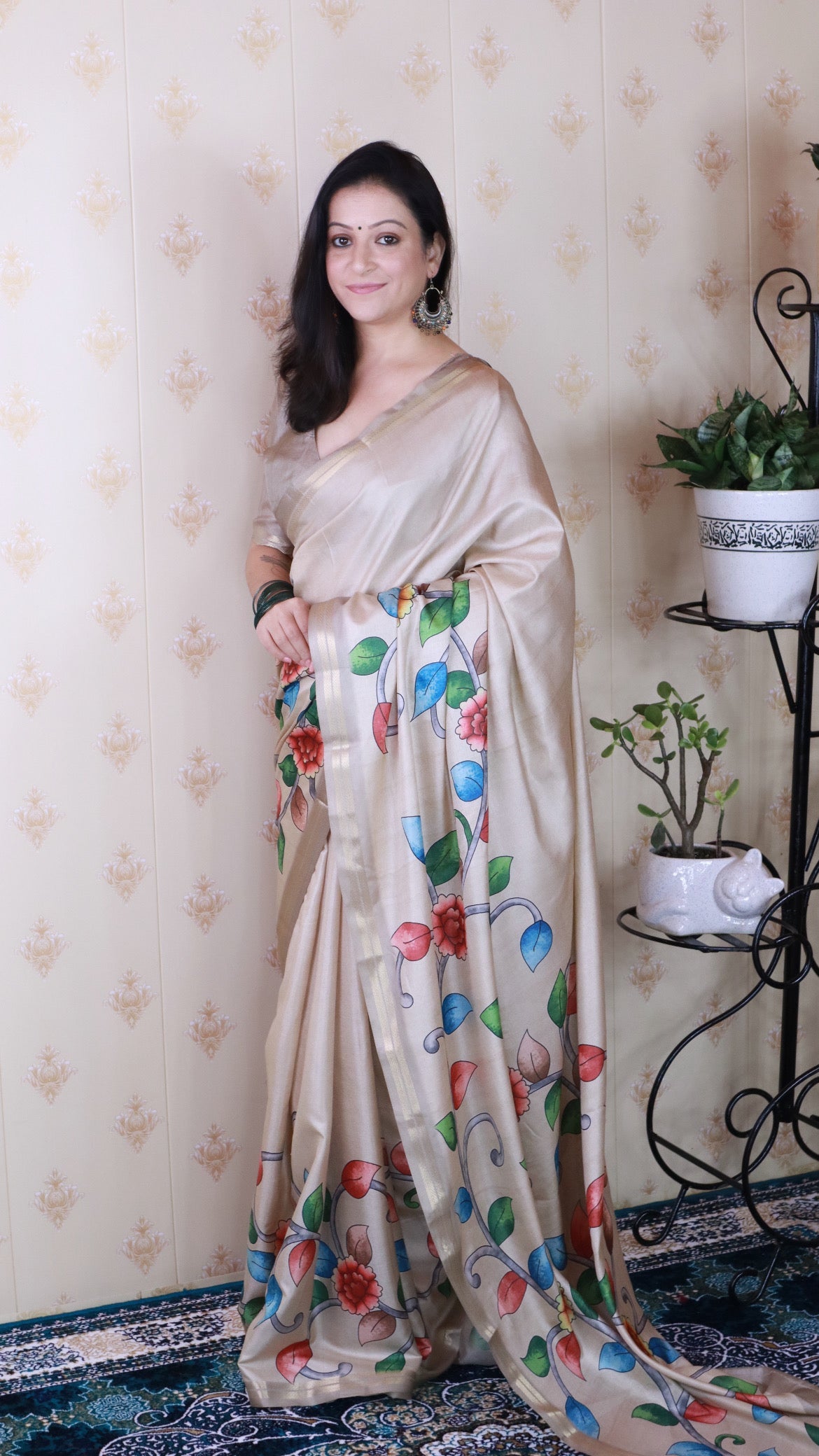 Cream Soft Tussar Silk Kalamkari Unique Printed Zari Woven Saree