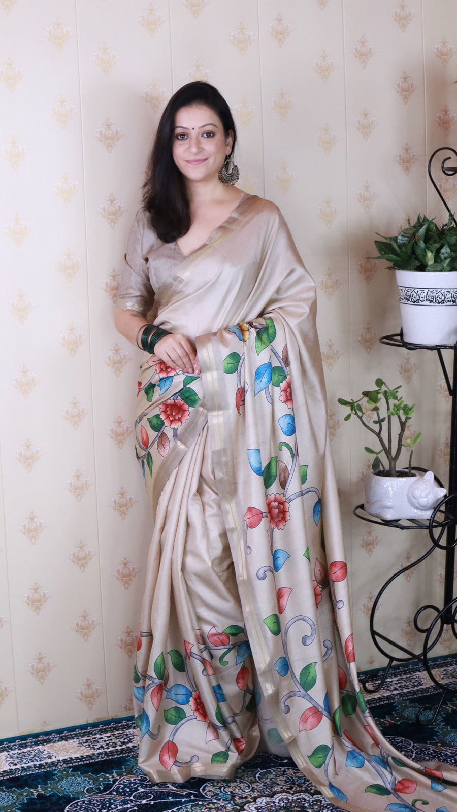 Cream Soft Tussar Silk Kalamkari Unique Printed Zari Woven Saree