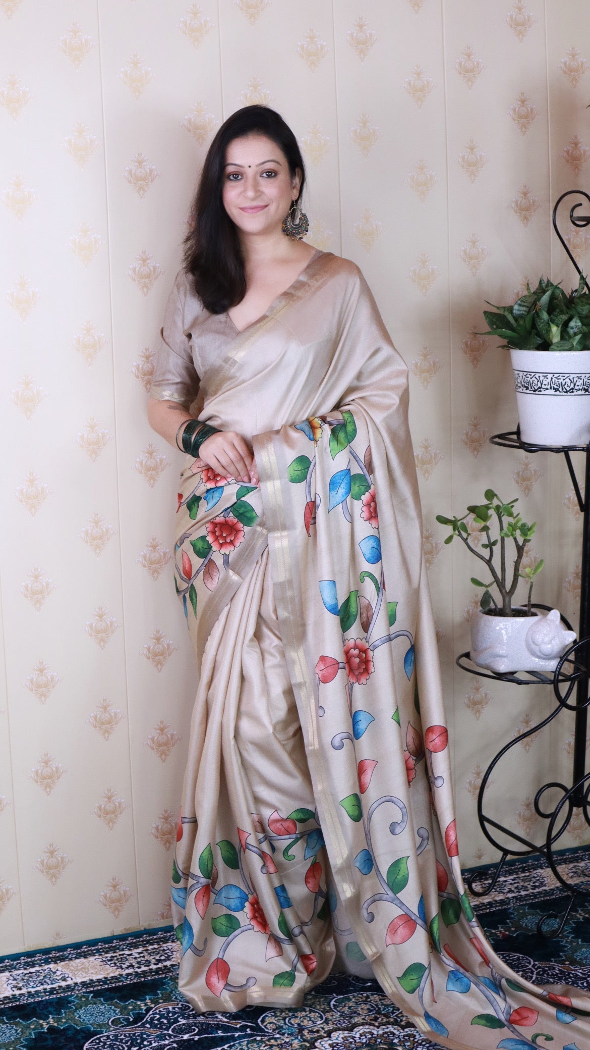 Cream Soft Tussar Silk Kalamkari Unique Printed Zari Woven Saree