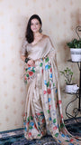 Cream Soft Tussar Silk Kalamkari Unique Printed Zari Woven Saree