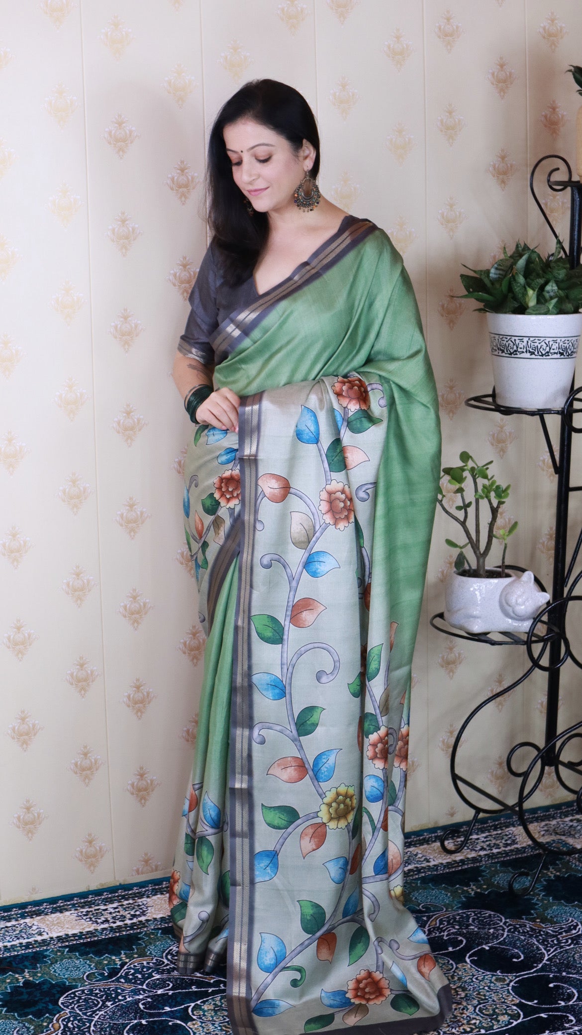 Pista Green Soft Tussar Silk Kalamkari Unique Printed Zari Woven Saree