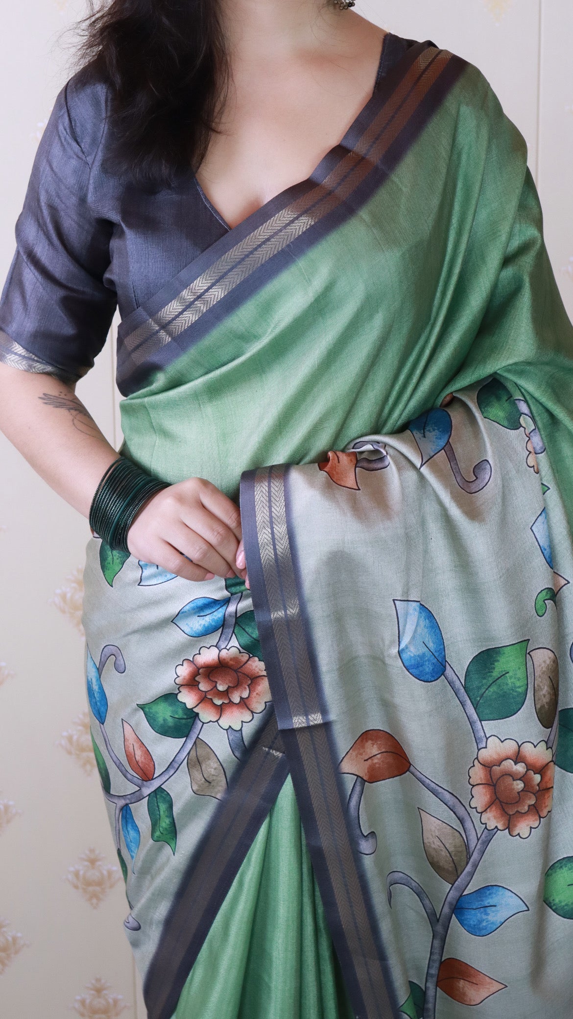 Pista Green Soft Tussar Silk Kalamkari Unique Printed Zari Woven Saree