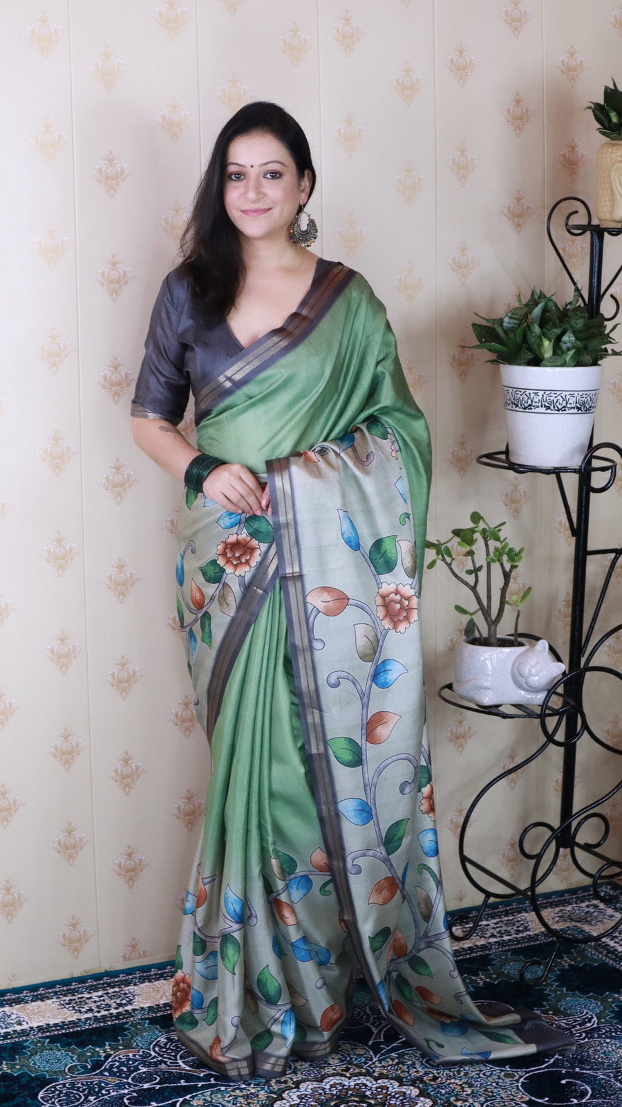 Pista Green Soft Tussar Silk Kalamkari Unique Printed Zari Woven Saree