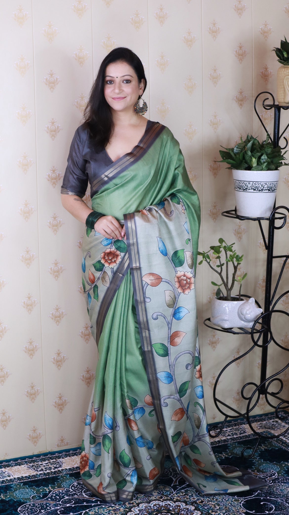 Pista Green Soft Tussar Silk Kalamkari Unique Printed Zari Woven Saree