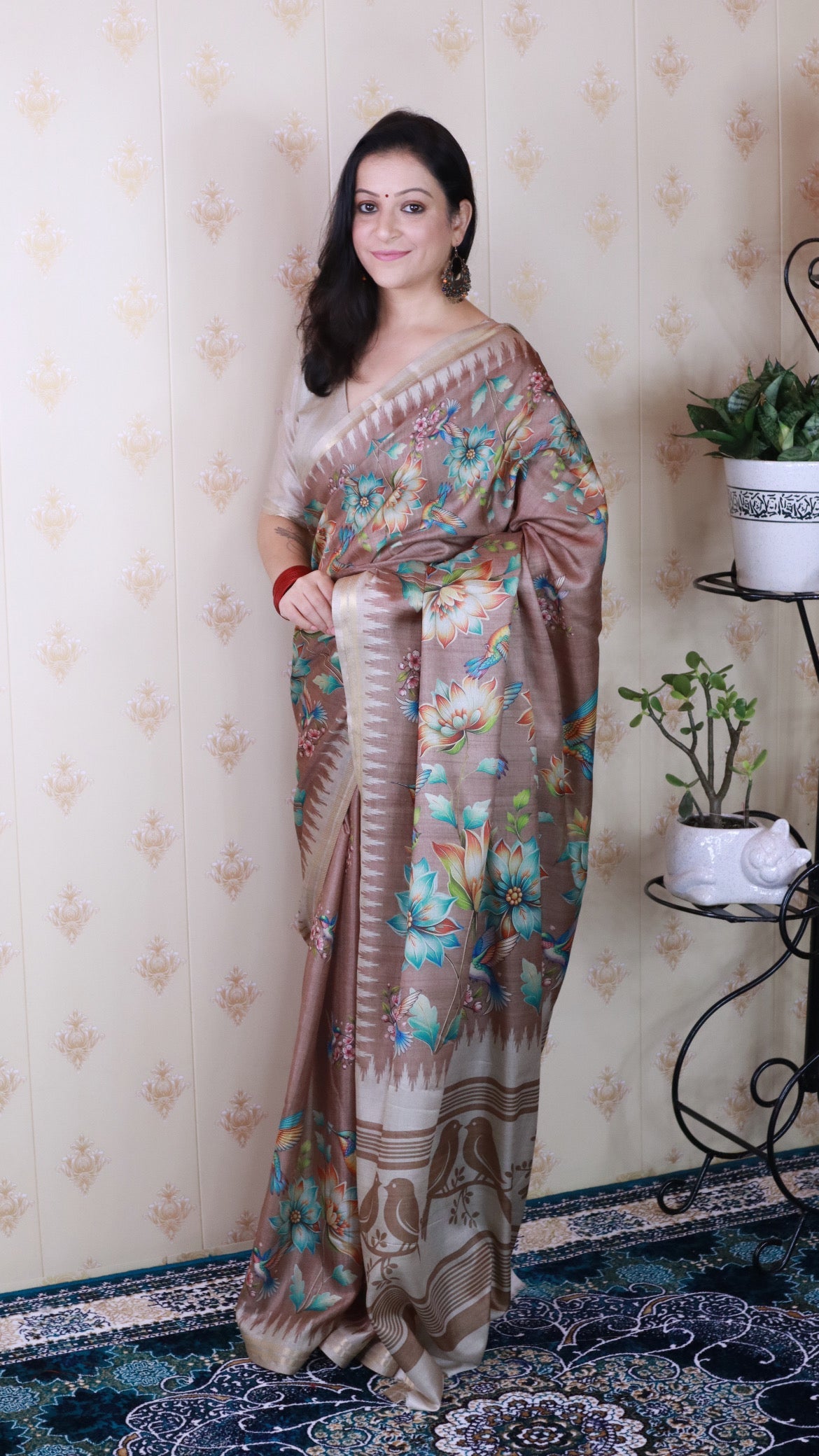 Brown Soft Tussar Silk Nature Printed Zari Woven Saree