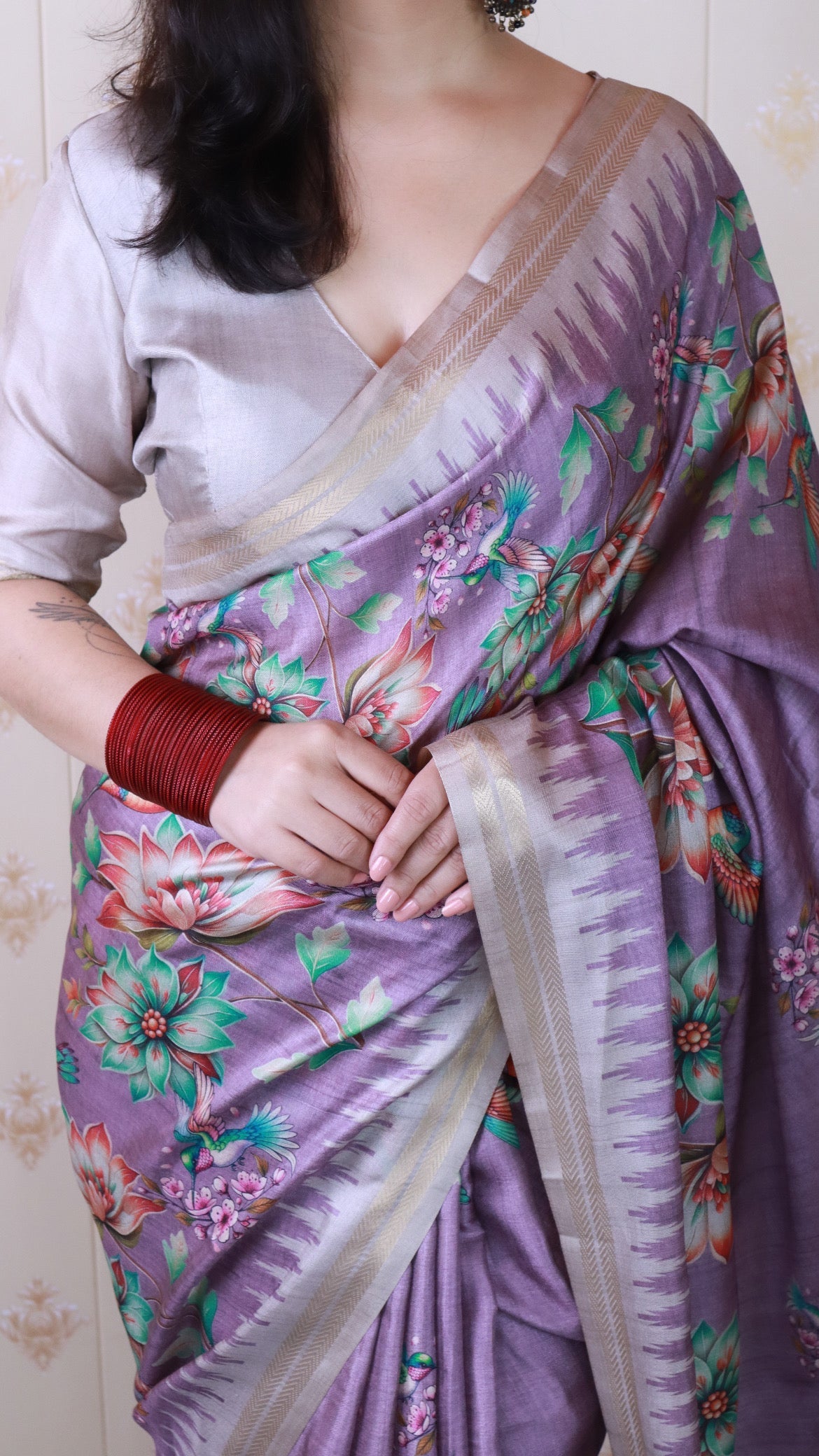 Lavender Soft Tussar Silk Nature Printed Zari Woven Saree