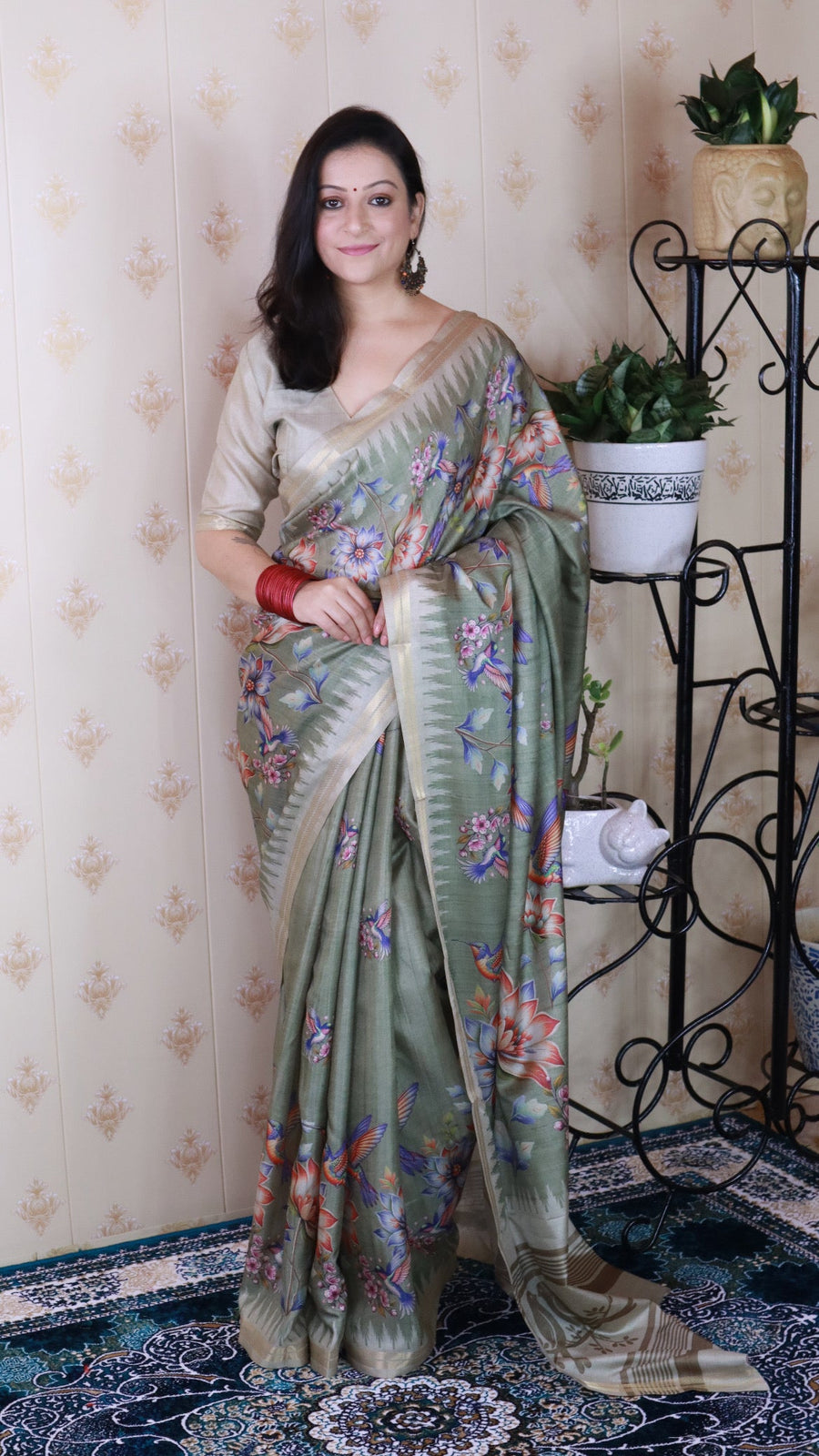 Pista Green Soft Tussar Silk Nature Printed Zari Woven Saree