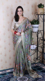 Pista Green Soft Tussar Silk Nature Printed Zari Woven Saree