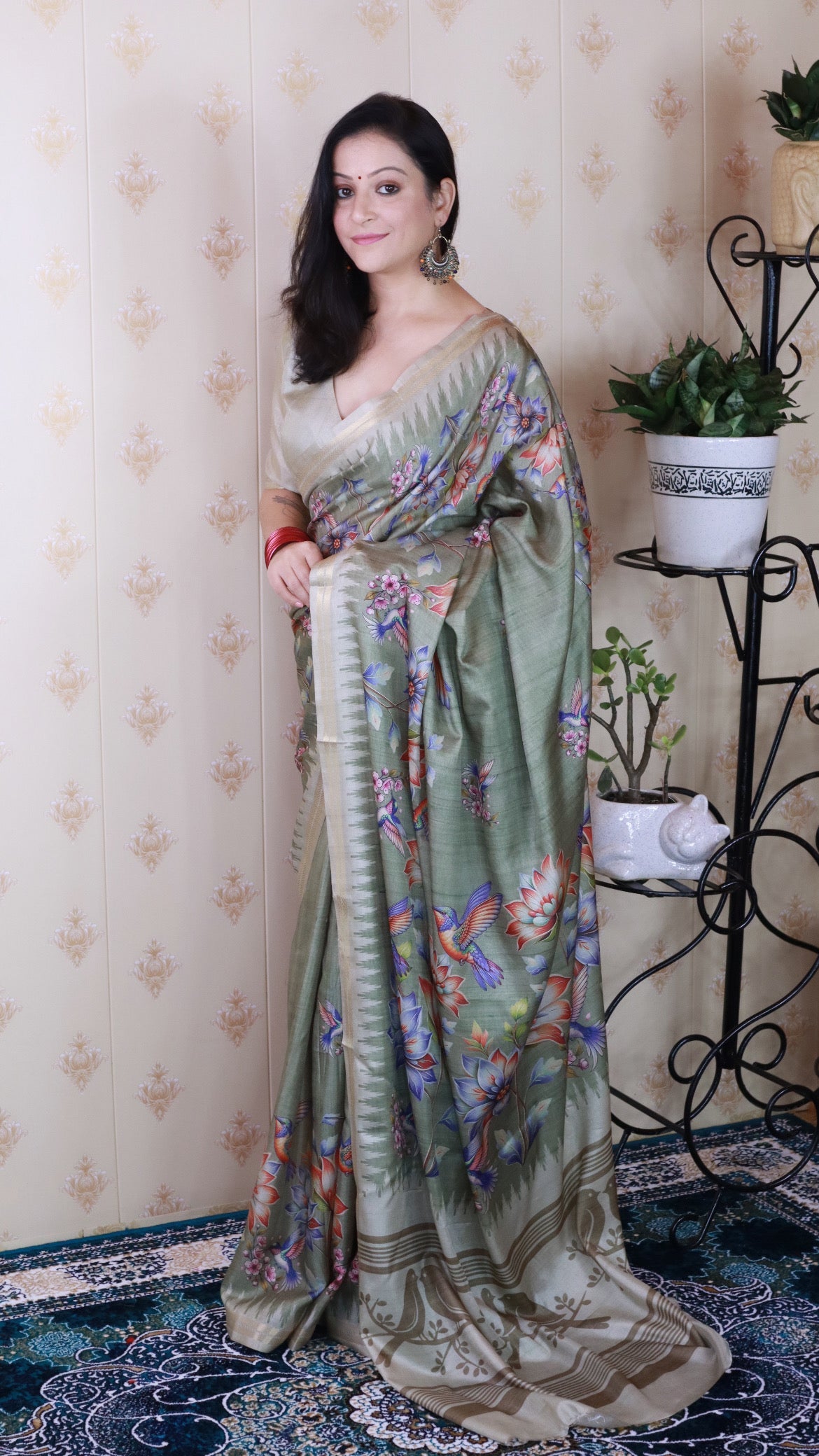 Pista Green Soft Tussar Silk Nature Printed Zari Woven Saree