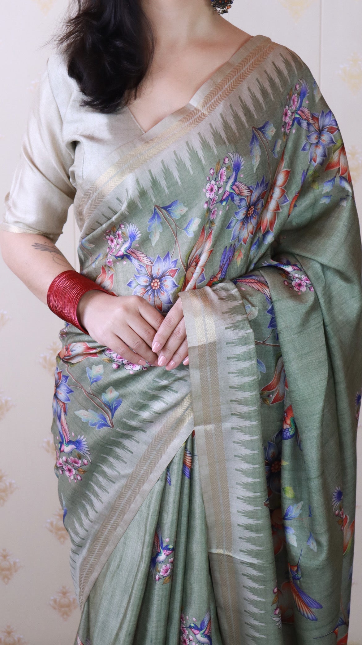 Pista Green Soft Tussar Silk Nature Printed Zari Woven Saree