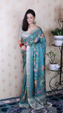Dusty Blue Soft Tussar Silk Nature Printed Zari Woven Saree