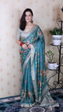Dusty Blue Soft Tussar Silk Nature Printed Zari Woven Saree