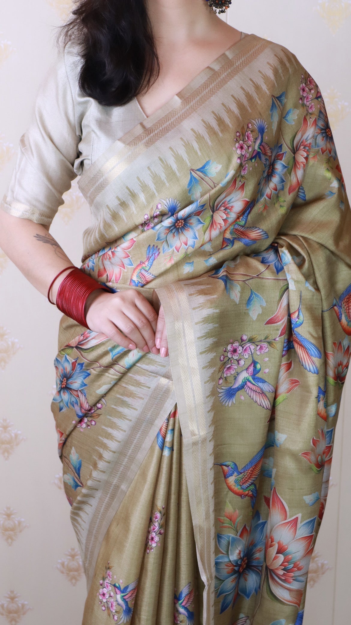 Dusty Gold Soft Tussar Silk Nature Printed Zari Woven Saree