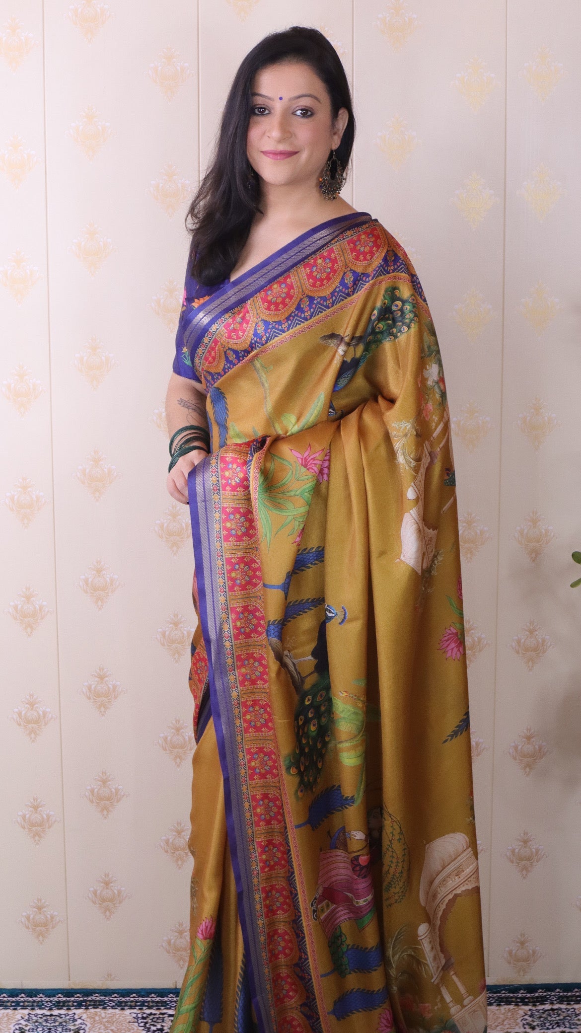 Gold Soft Tussar Silk Pichwai Traditional Printed Zari Woven Saree