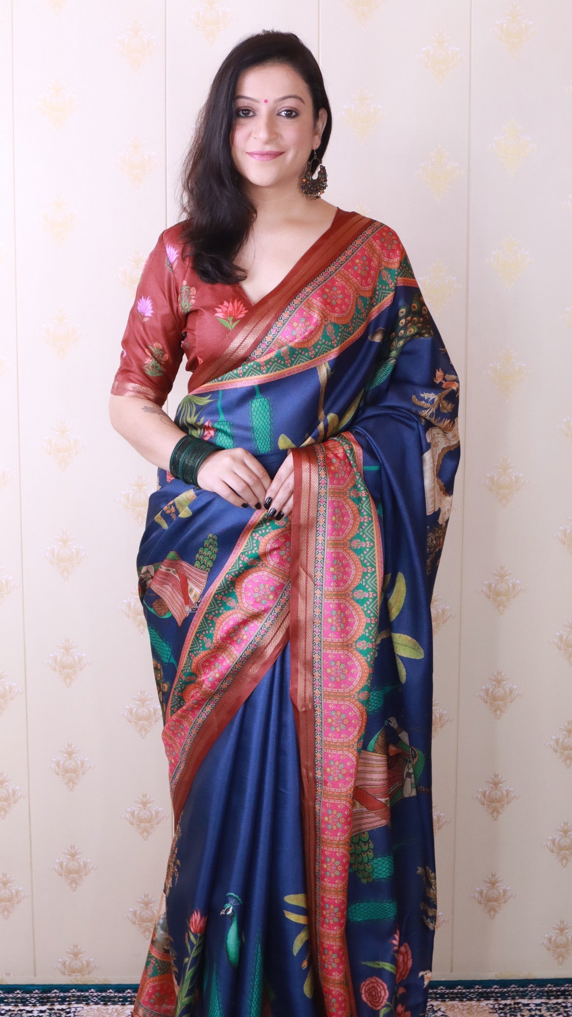 Dark Blue Soft Tussar Silk Pichwai Traditional Printed Zari Woven Saree