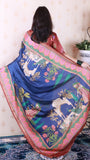 Dark Blue Soft Tussar Silk Pichwai Traditional Printed Zari Woven Saree
