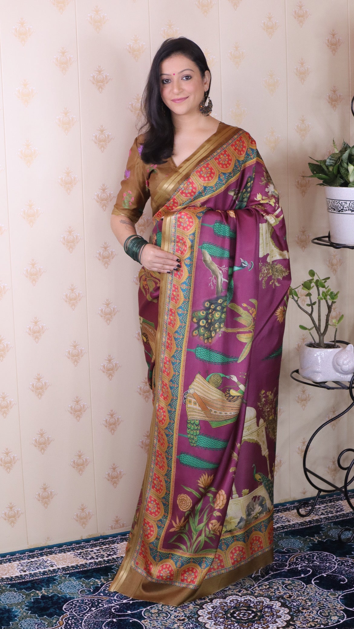 Wine Soft Tussar Silk Pichwai Traditional Printed Zari Woven Saree