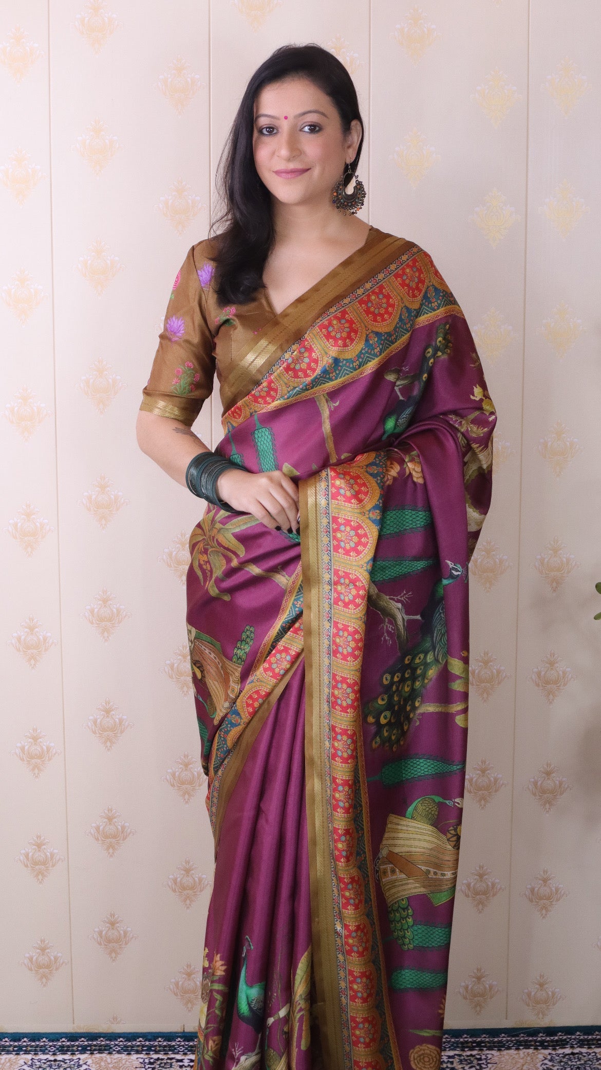 Wine Soft Tussar Silk Pichwai Traditional Printed Zari Woven Saree