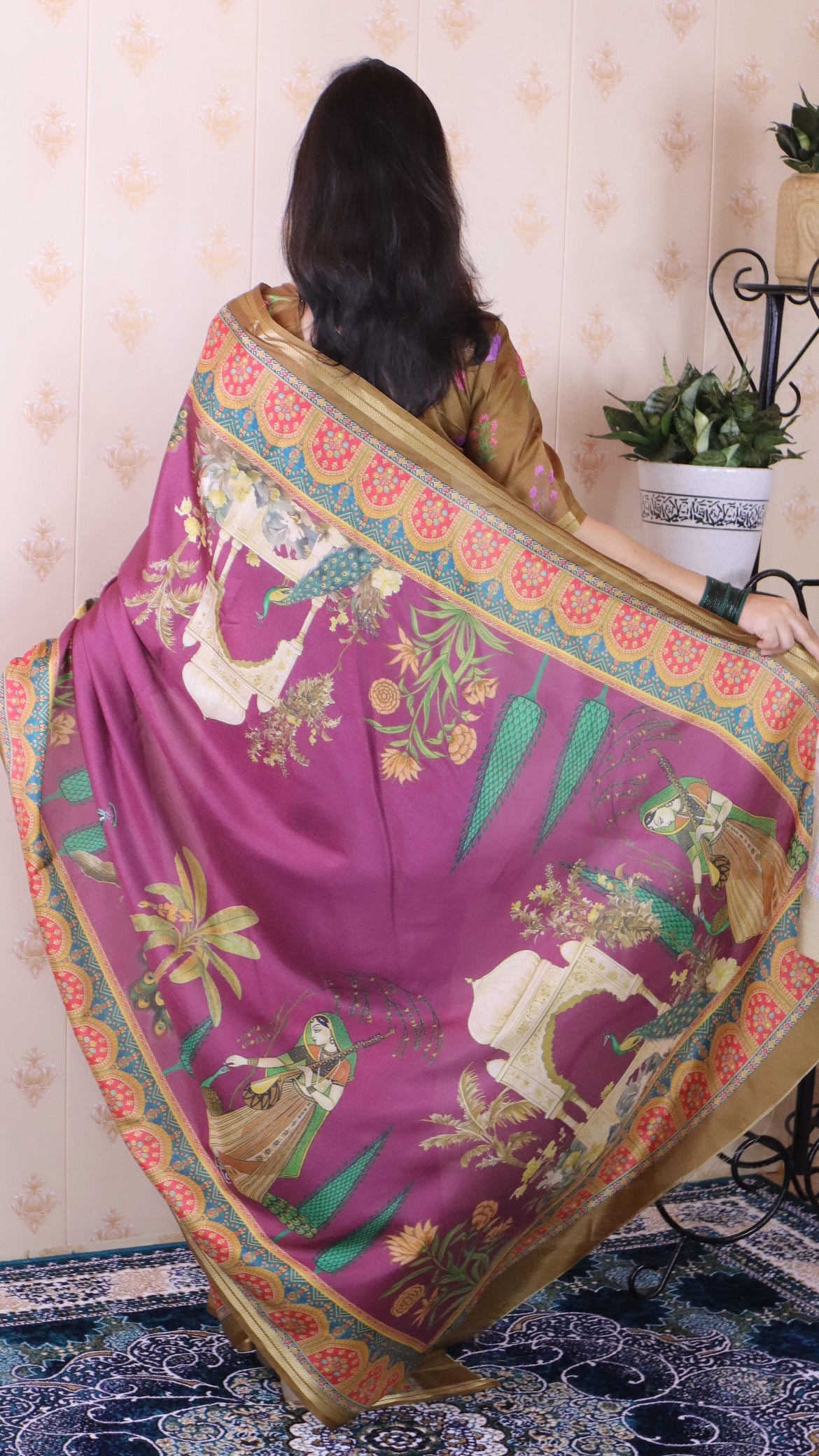 Wine Soft Tussar Silk Pichwai Traditional Printed Zari Woven Saree