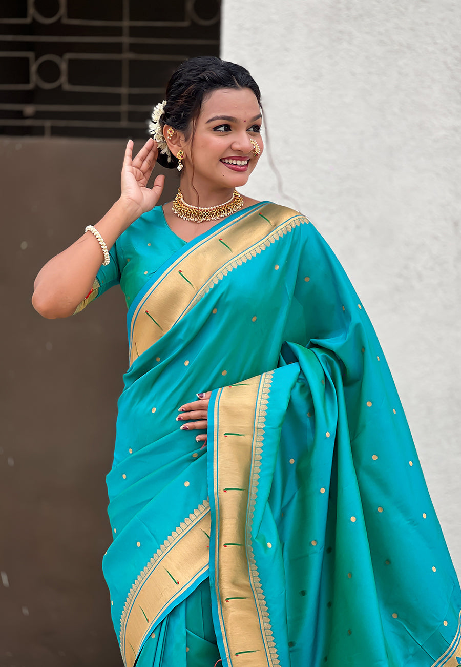 Aqua Blue Zari Woven Mahalaxmi God Paithani Silk Saree