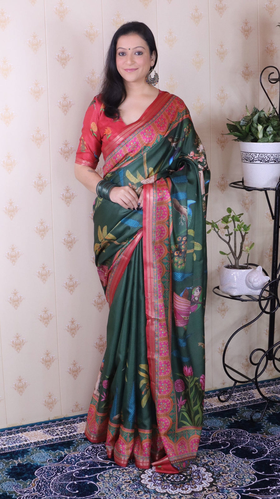 Bottle Green Soft Tussar Silk Pichwai Traditional Printed Zari Woven Saree
