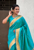 Aqua Blue Zari Woven Mahalaxmi God Paithani Silk Saree