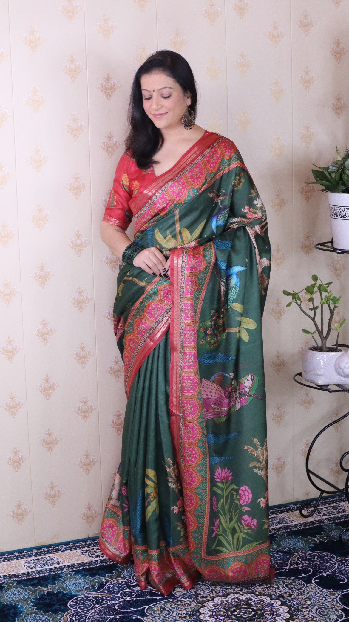 Bottle Green Soft Tussar Silk Pichwai Traditional Printed Zari Woven Saree