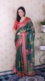 Bottle Green Soft Tussar Silk Pichwai Traditional Printed Zari Woven Saree
