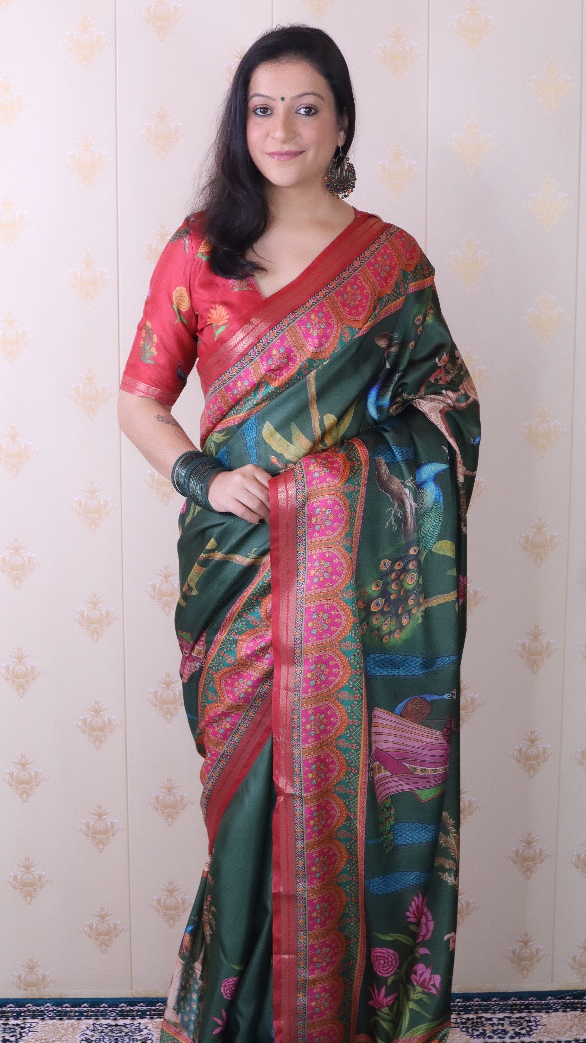 Bottle Green Soft Tussar Silk Pichwai Traditional Printed Zari Woven Saree
