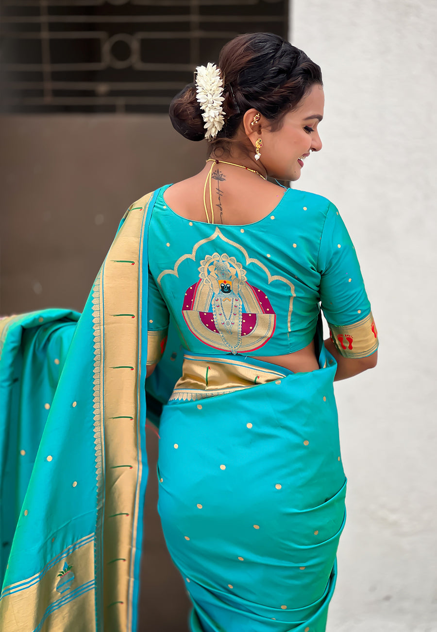 Aqua Blue Zari Woven Mahalaxmi God Paithani Silk Saree