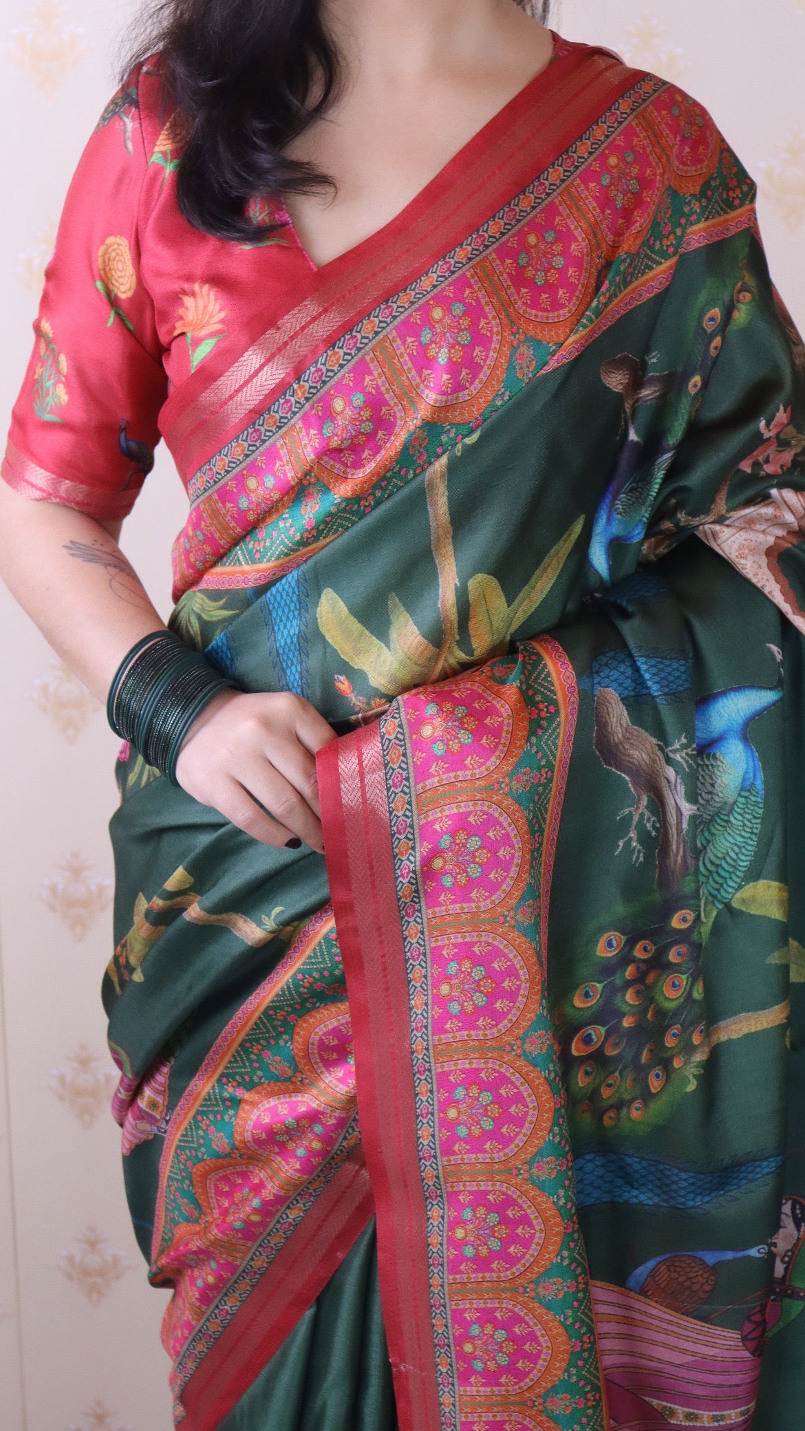Bottle Green Soft Tussar Silk Pichwai Traditional Printed Zari Woven Saree
