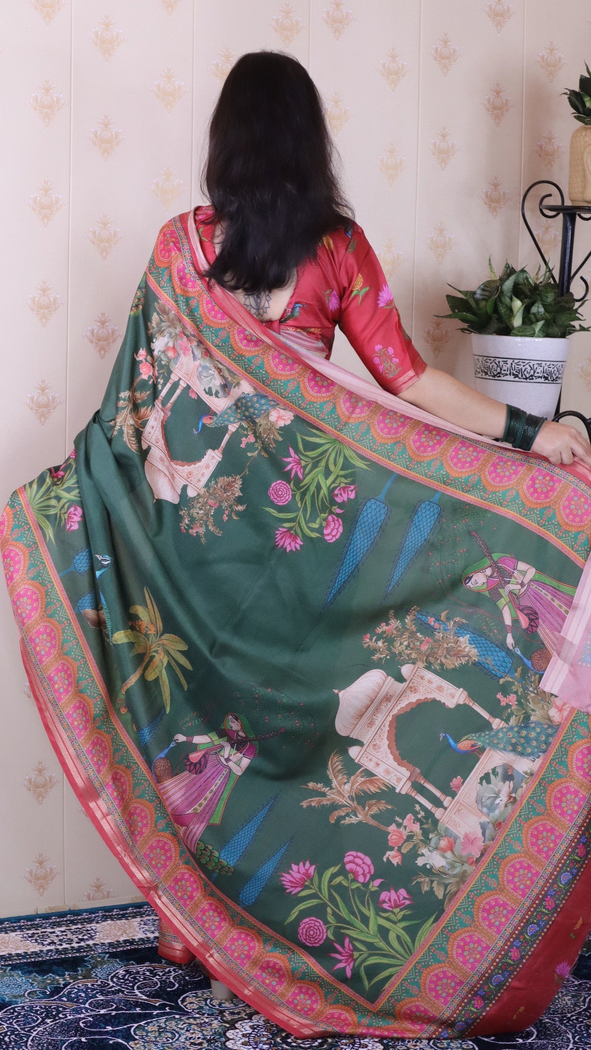 Bottle Green Soft Tussar Silk Pichwai Traditional Printed Zari Woven Saree