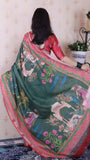 Bottle Green Soft Tussar Silk Pichwai Traditional Printed Zari Woven Saree